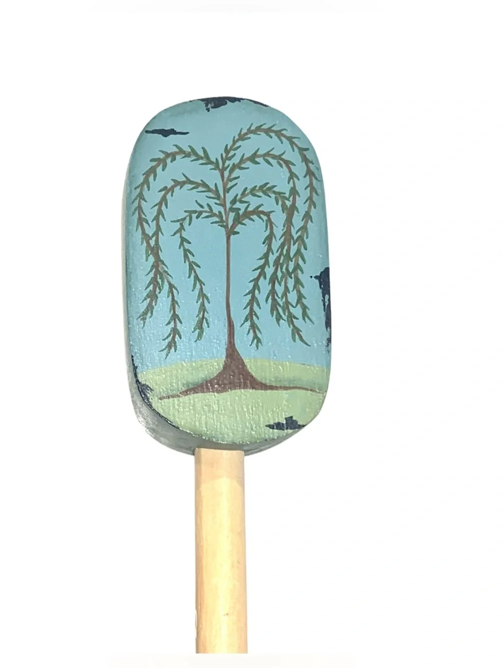 Primitive Folk Art Hand Painted Wooden Spoon Weeping Willow Blue Green New